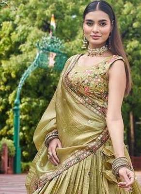 Olive Color Thread Embroidery And Sequin Work Gold Crush Silk Lehenga Choli Set 4