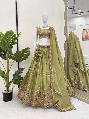 Olive Color Thread Embroidery And Sequin Work Gold Crush Silk Lehenga Choli Set 5