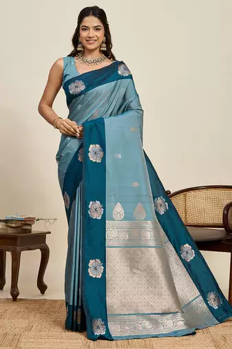 Teal blue zari woven soft silk banarasi saree with blouse