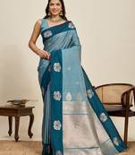 Teal blue zari woven soft silk banarasi saree with blouse