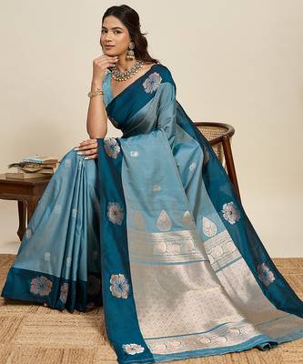 Teal blue zari woven soft silk blend banarasi saree with blouse 2