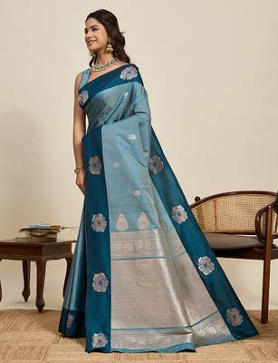 Teal blue zari woven soft silk blend banarasi saree with blouse 3