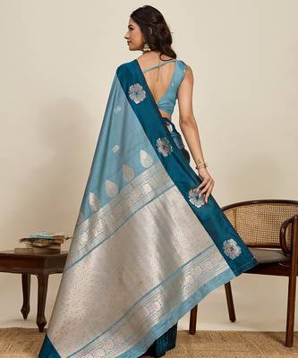 Teal blue zari woven soft silk blend banarasi saree with blouse 4