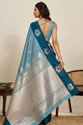 Teal blue zari woven soft silk banarasi saree with blouse
