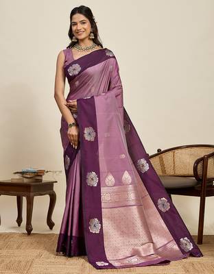 Wine zari woven soft silk blend banarasi saree with blouse 1