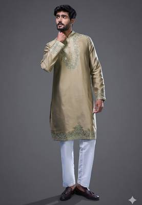 Beige embroidered, mirror silk kurta pant 3