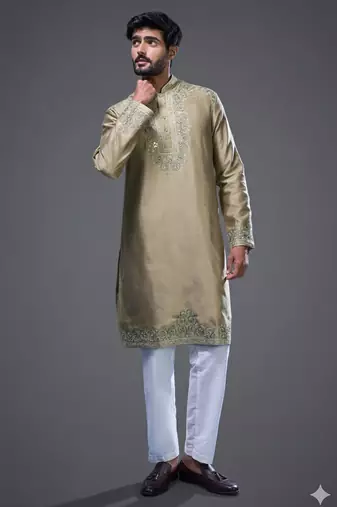 Beige embroidered, mirror silk kurta pant