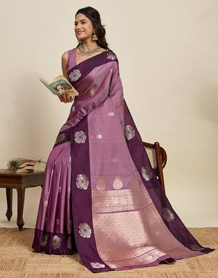 Wine zari woven soft silk blend banarasi saree with blouse 2