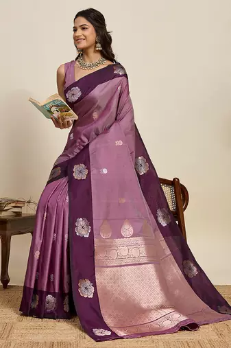 Wine zari woven soft silk banarasi saree with blouse