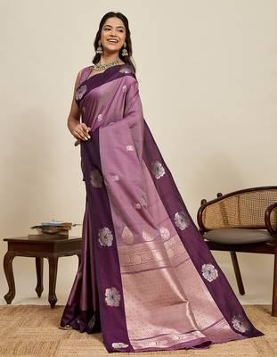 Wine zari woven soft silk blend banarasi saree with blouse 3