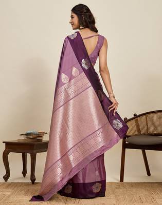 Wine zari woven soft silk blend banarasi saree with blouse 4