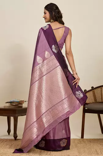 Wine zari woven soft silk banarasi saree with blouse