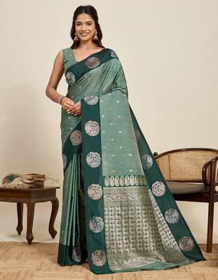 Green zari woven soft silk blend banarasi saree with blouse 1