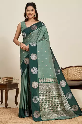 Green zari woven soft silk banarasi saree with blouse