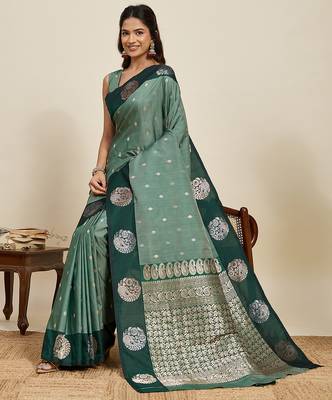 Green zari woven soft silk blend banarasi saree with blouse 2