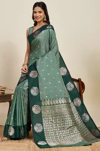 Green zari woven soft silk banarasi saree with blouse