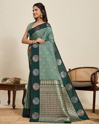 Green zari woven soft silk blend banarasi saree with blouse 3