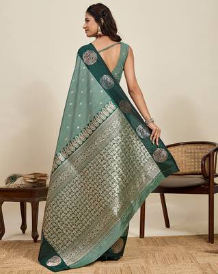 Green zari woven soft silk blend banarasi saree with blouse 4