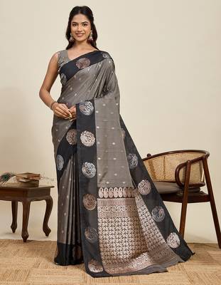Grey zari woven soft silk blend banarasi saree with blouse 1