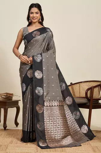 Grey zari woven soft silk banarasi saree with blouse