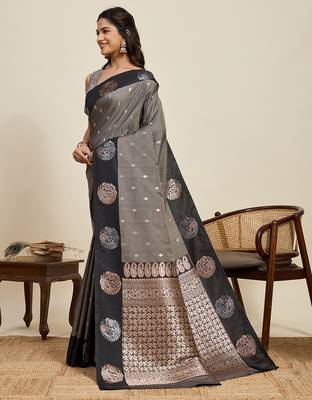 Grey zari woven soft silk blend banarasi saree with blouse 3