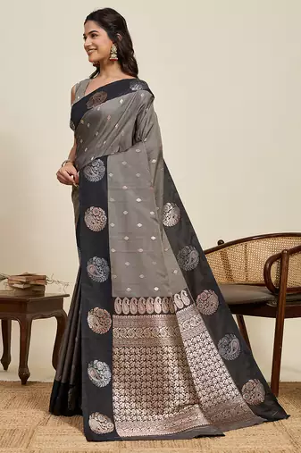 Grey zari woven soft silk banarasi saree with blouse