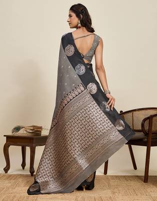 Grey zari woven soft silk blend banarasi saree with blouse 4