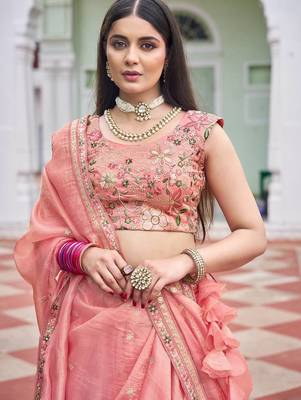 Peach Color Thread Embroidery And Sequin Work Gold Crush Silk Lehenga Choli Set 1