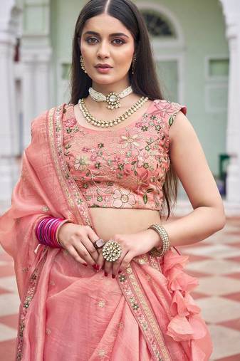 Peach Color Thread Embroidery And Sequin Work Gold Crush Silk Lehenga Choli Set