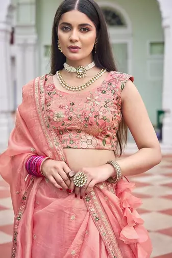 Peach Color Thread Embroidery And Sequin Work Gold Crush Silk Lehenga Choli Set