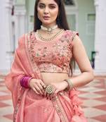 Peach Color Thread Embroidery And Sequin Work Gold Crush Silk Lehenga Choli Set
