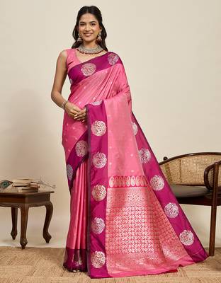 Pink zari woven soft silk banarasi saree with blouse 1