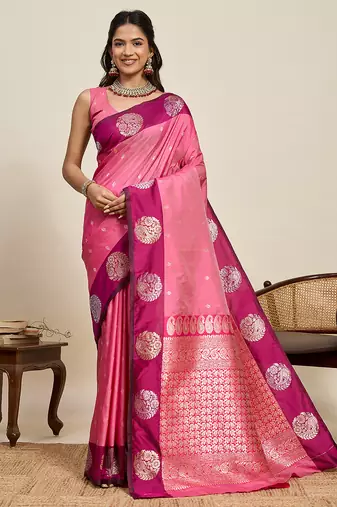 Pink zari woven soft silk banarasi saree with blouse