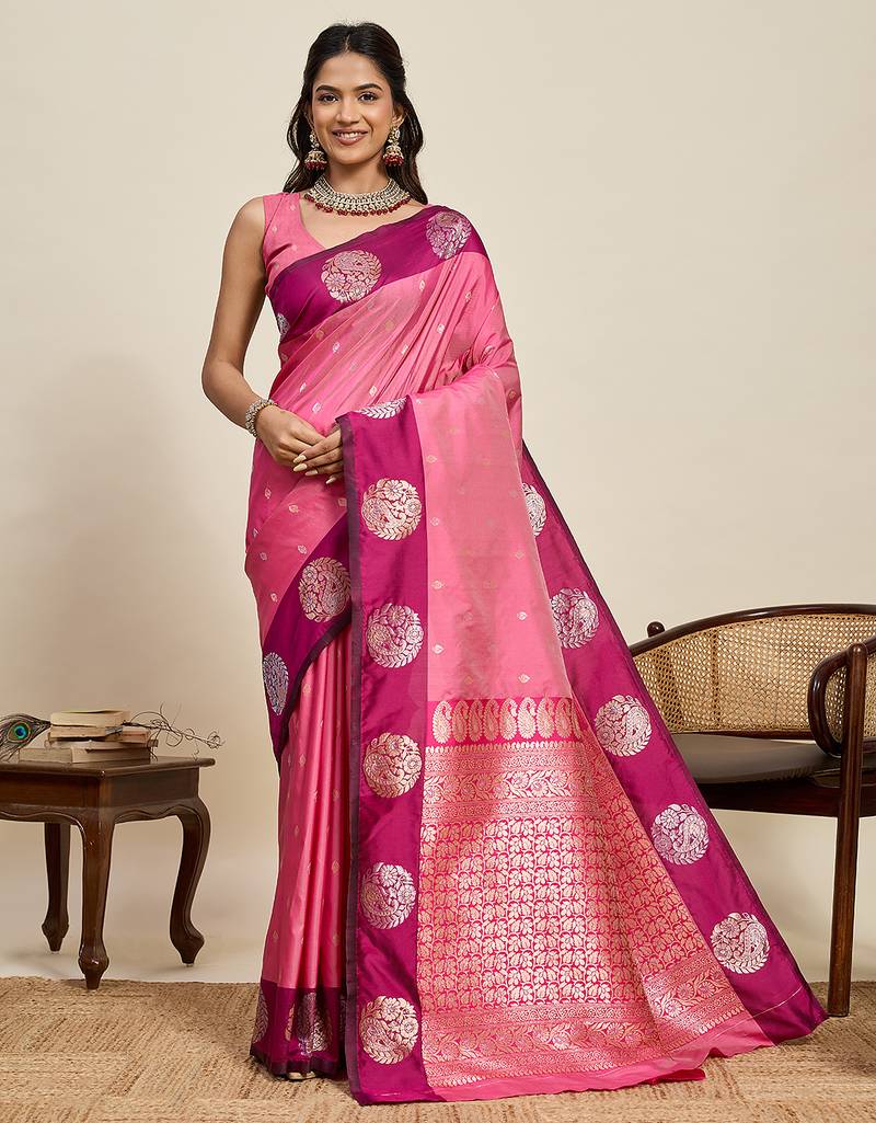 Pink zari woven soft silk banarasi saree with blouse