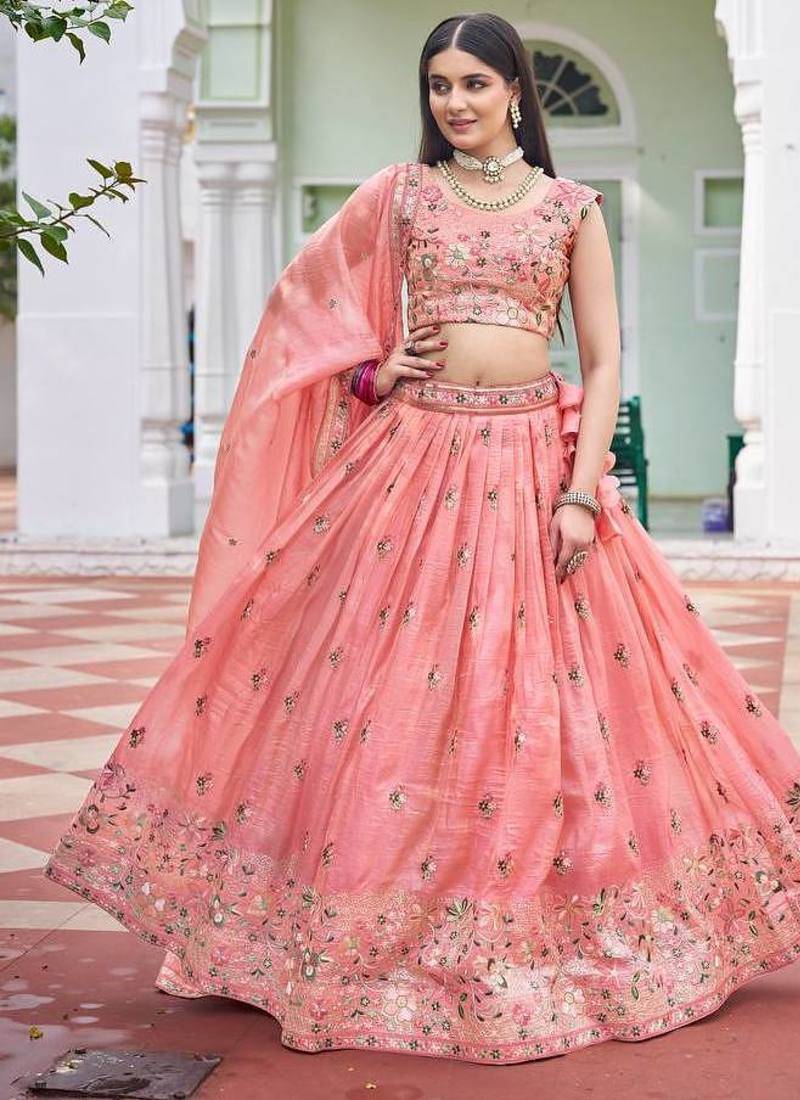 Peach Color Thread Embroidery And Sequin Work Gold Crush Silk Lehenga Choli Set