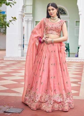 Peach Color Thread Embroidery And Sequin Work Gold Crush Silk Lehenga Choli Set 3