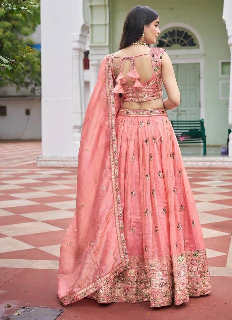 Peach Color Thread Embroidery And Sequin Work Gold Crush Silk Lehenga Choli Set