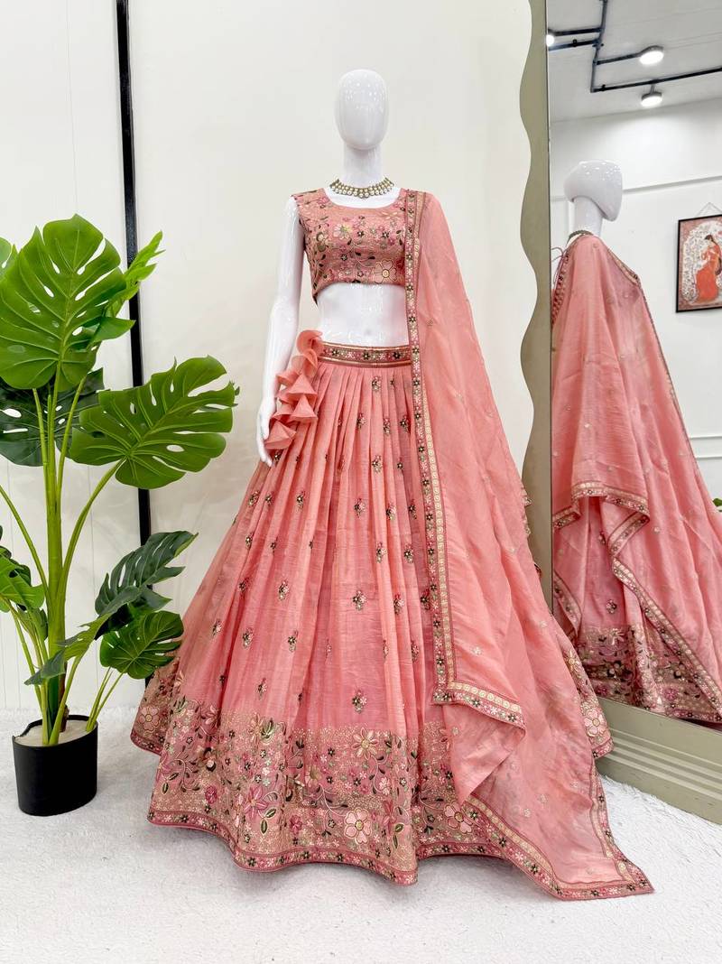 Peach Color Thread Embroidery And Sequin Work Gold Crush Silk Lehenga Choli Set