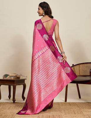Pink zari woven soft silk banarasi saree with blouse 4