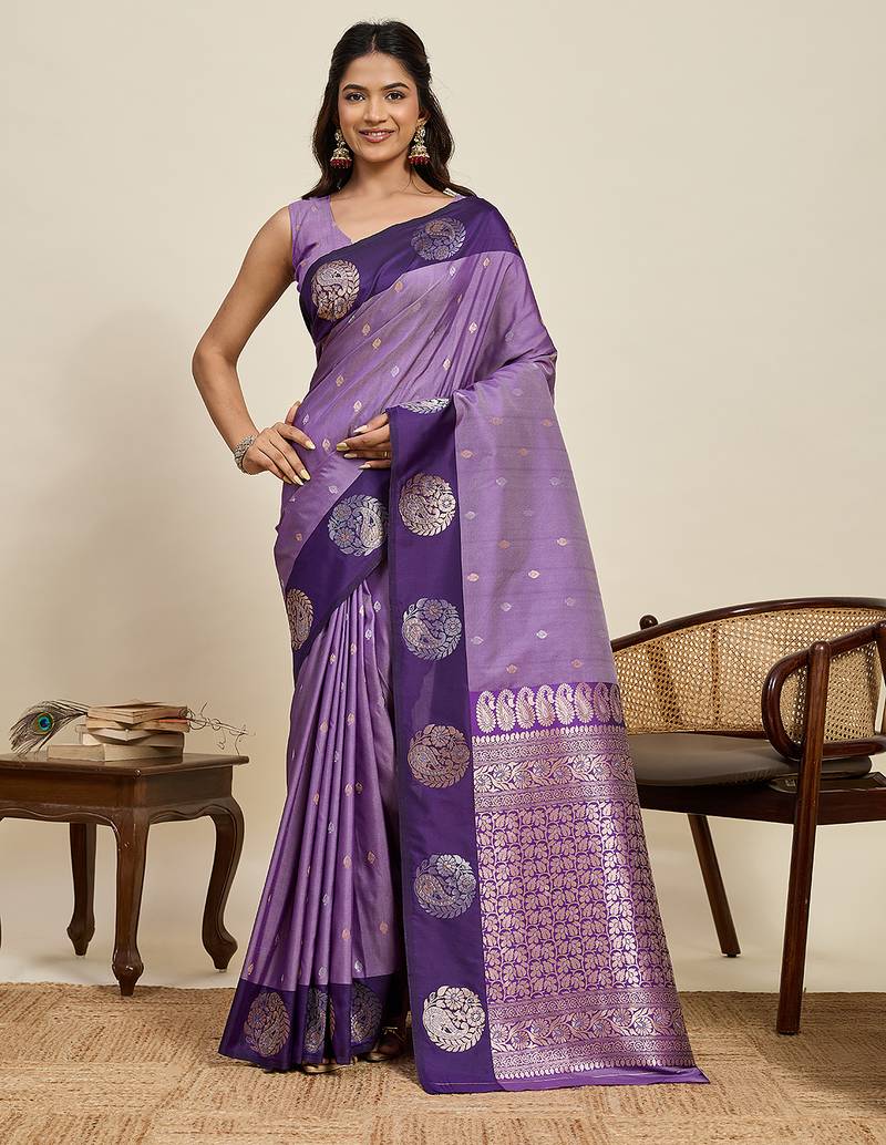 Purple zari woven soft silk banarasi saree with blouse