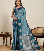Teal blue zari woven soft silk banarasi saree with blouse
