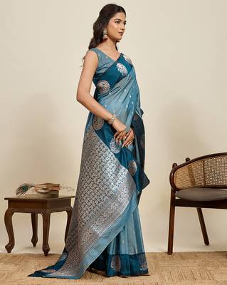 Teal blue zari woven soft silk blend banarasi saree with blouse 2