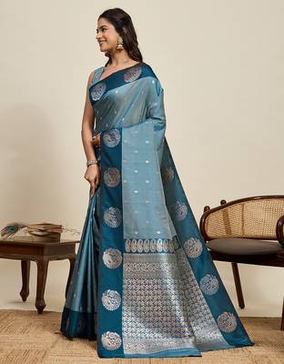 Teal blue zari woven soft silk blend banarasi saree with blouse 3