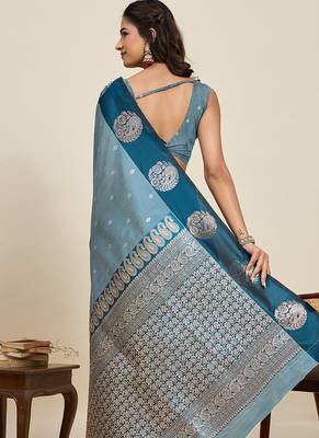 Teal blue zari woven soft silk blend banarasi saree with blouse 4