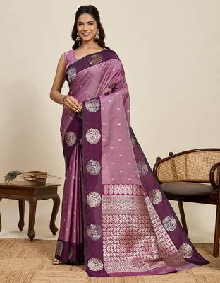 Wine zari woven soft silk blend banarasi saree with blouse 1
