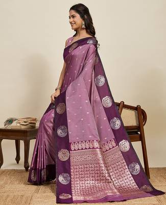Wine zari woven soft silk blend banarasi saree with blouse 2