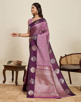 Wine zari woven soft silk blend banarasi saree with blouse 3