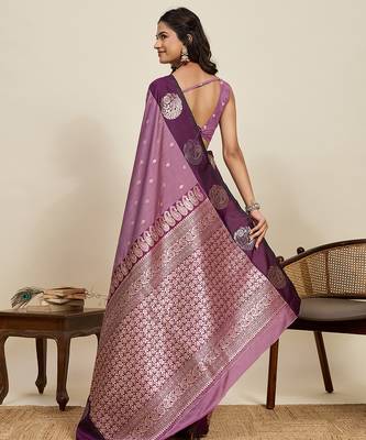 Wine zari woven soft silk blend banarasi saree with blouse 4