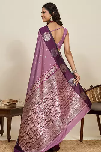 Wine zari woven soft silk banarasi saree with blouse