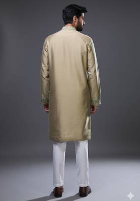 Beige embroidered, mirror silk kurta pant 4